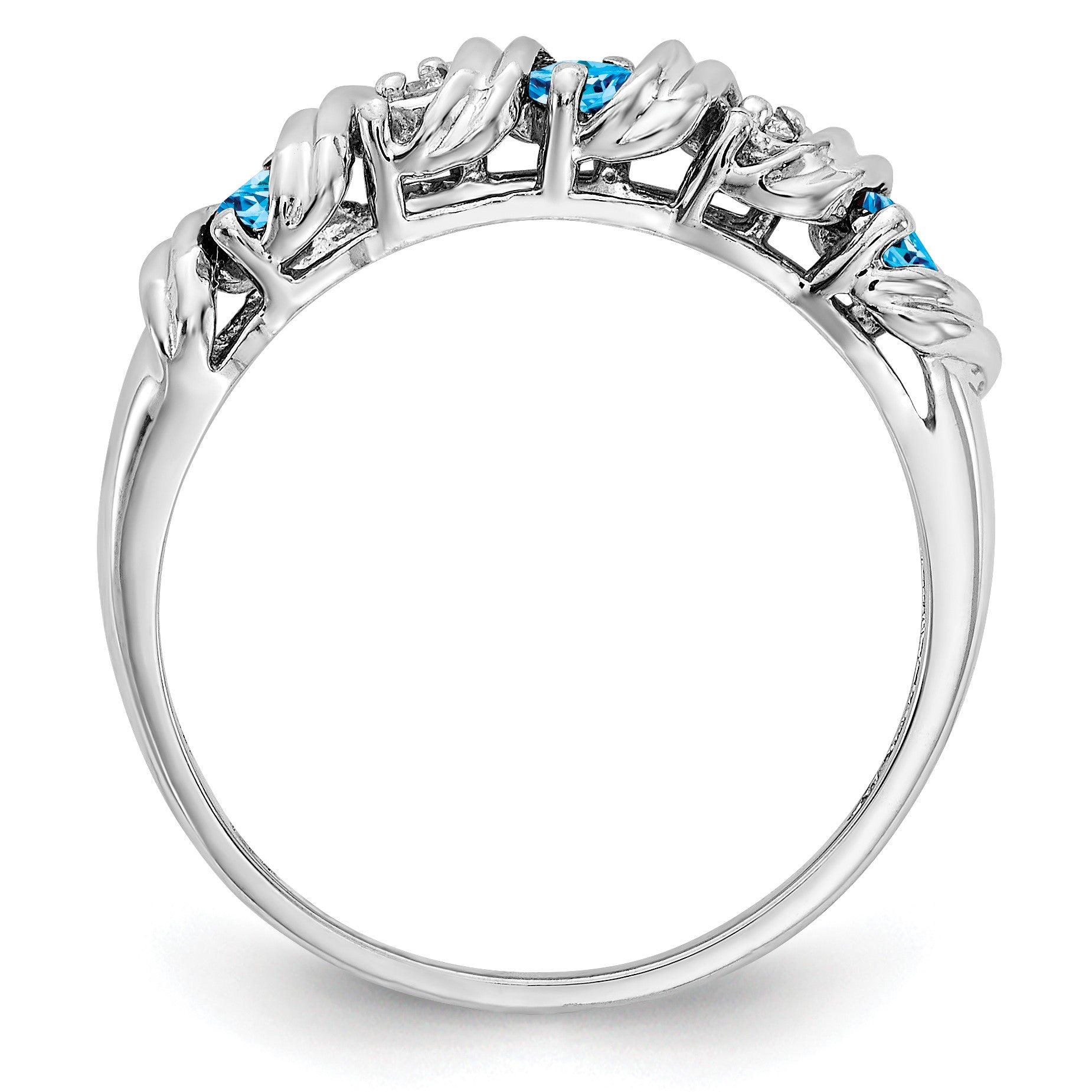 14k White Gold 2.75mm Round Blue Topaz and AA Diamond Twist Ring