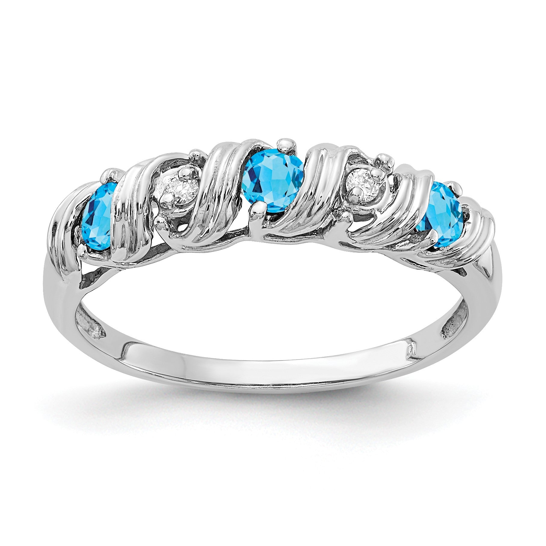 14k White Gold 2.75mm Round Blue Topaz and AA Diamond Twist Ring