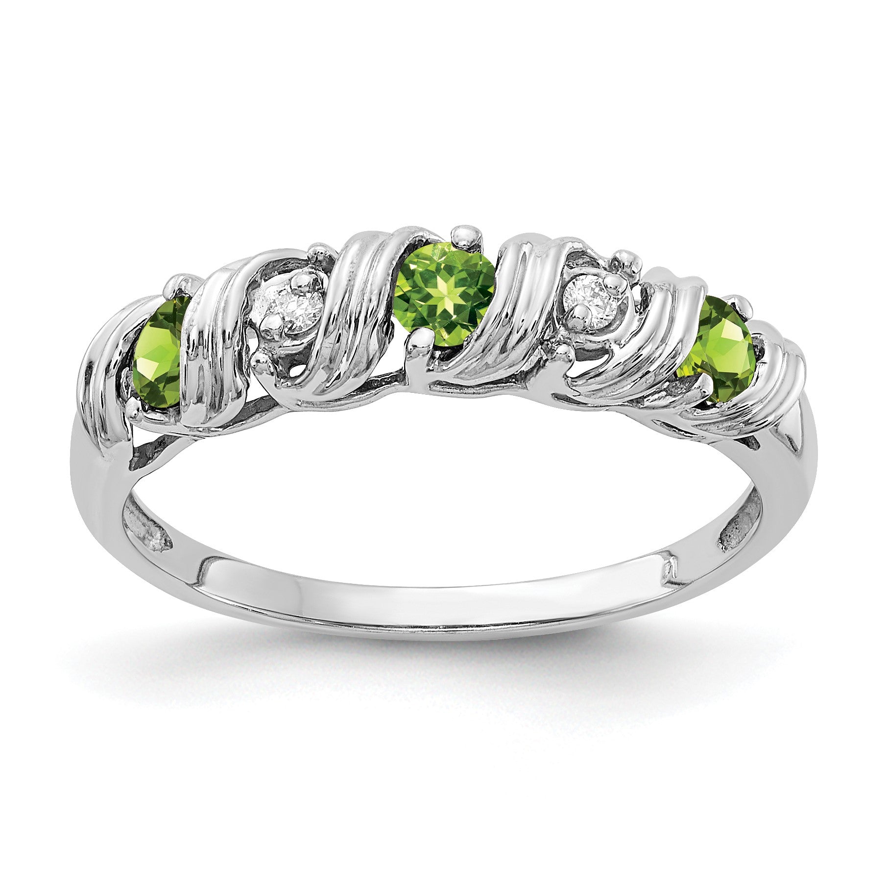 14k White Gold 2.75mm Round Peridot and AA Diamond Twist Ring