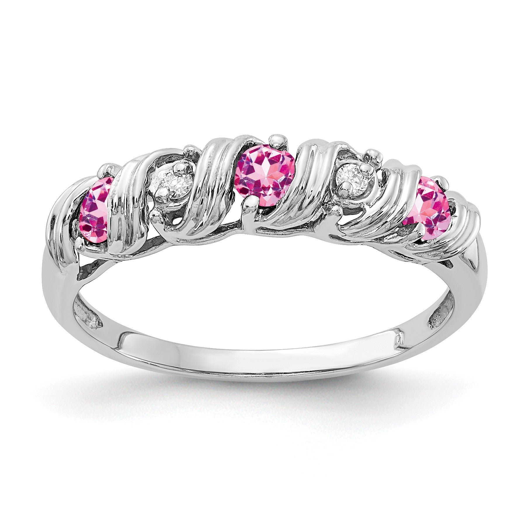 14k White Gold 2.75mm Round Pink Sapphire and AA Diamond Twist Ring