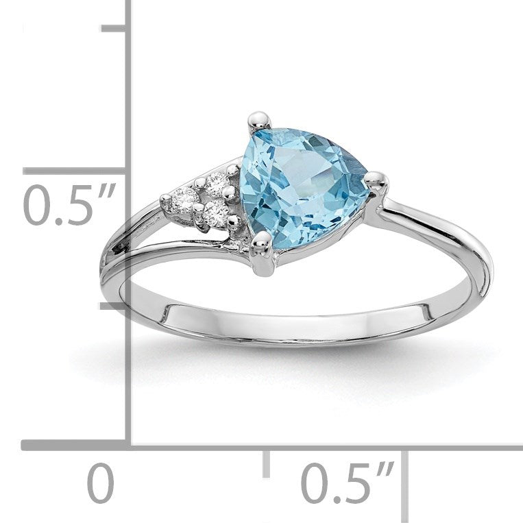 14k White Gold 6mm Trillion Blue Topaz and AA Diamond Ring