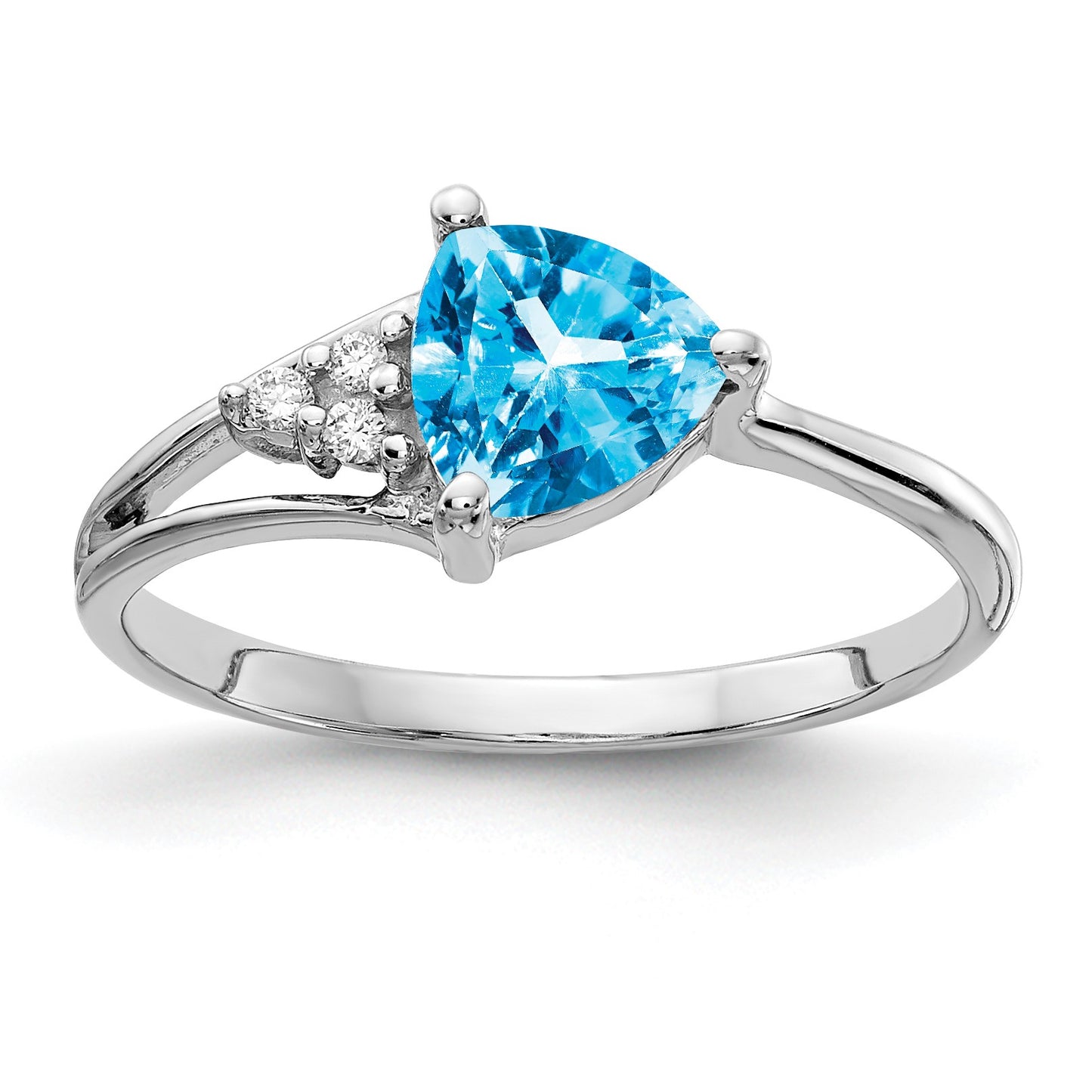14k White Gold 6mm Trillion Blue Topaz and AA Diamond Ring