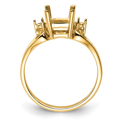 14k Holds 2-1.8mm Round and 1-8x6mm Emerald-cut Gemstone Ring Mounting