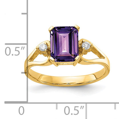 14k 8x6mm Emerald-cut Amethyst and 1/20 carat AA Diamond Ring