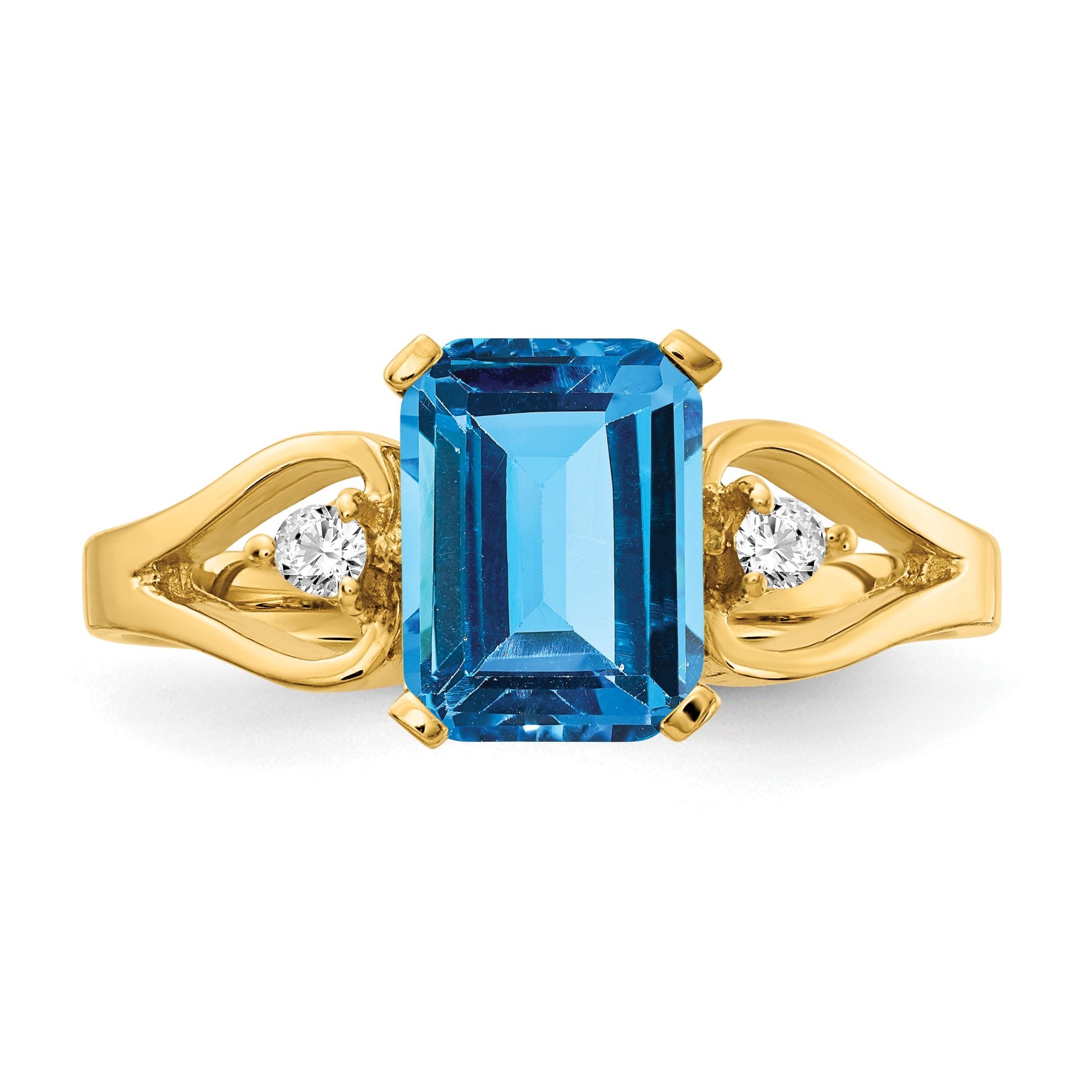 14k 8x6mm Emerald-cut Blue Topaz and 1/20 carat AA Diamond Ring