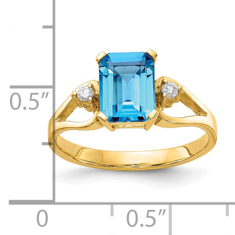 14k 8x6mm Emerald-cut Blue Topaz and 1/20 carat AA Diamond Ring