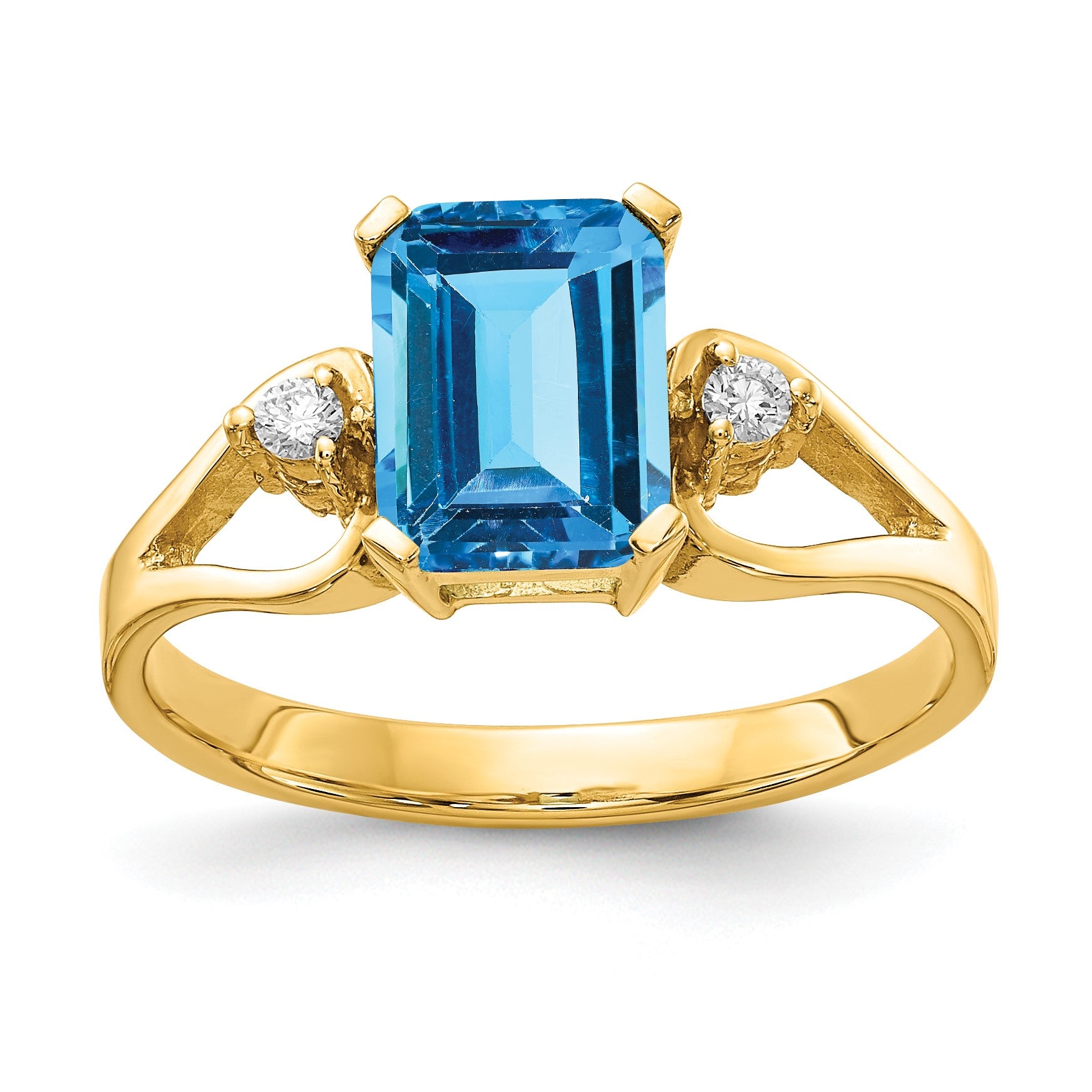 14k 8x6mm Emerald-cut Blue Topaz and 1/20 carat AA Diamond Ring