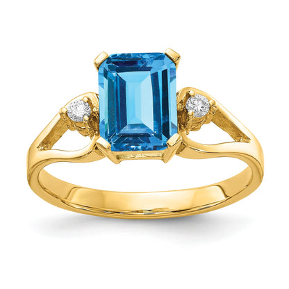 14k 8x6mm Emerald-cut Blue Topaz and 1/20 carat AA Diamond Ring