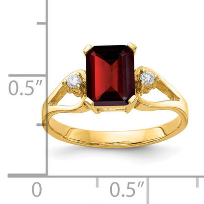 14k 8x6mm Emerald-cut Garnet and 1/20 carat AA Diamond Ring