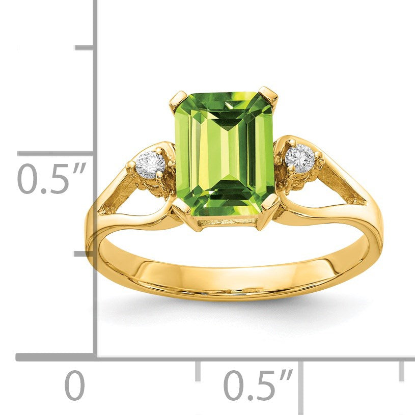 14k 8x6mm Emerald-cut Peridot and 1/20 carat AA Diamond Ring