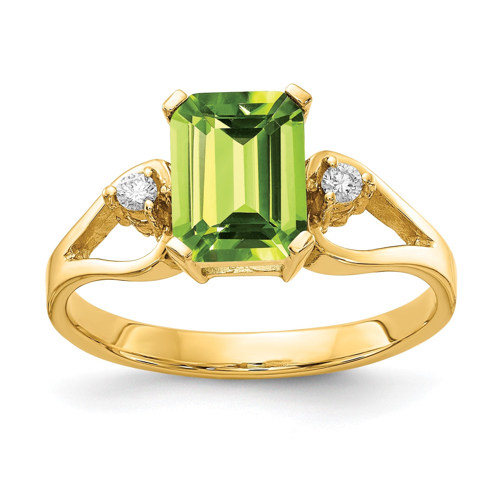 14k 8x6mm Emerald-cut Peridot and 1/20 carat AA Diamond Ring