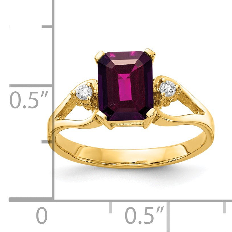 14k 8x6mm Emerald-cut Rhodolite Garnet and 1/20 carat AA Diamond Ring