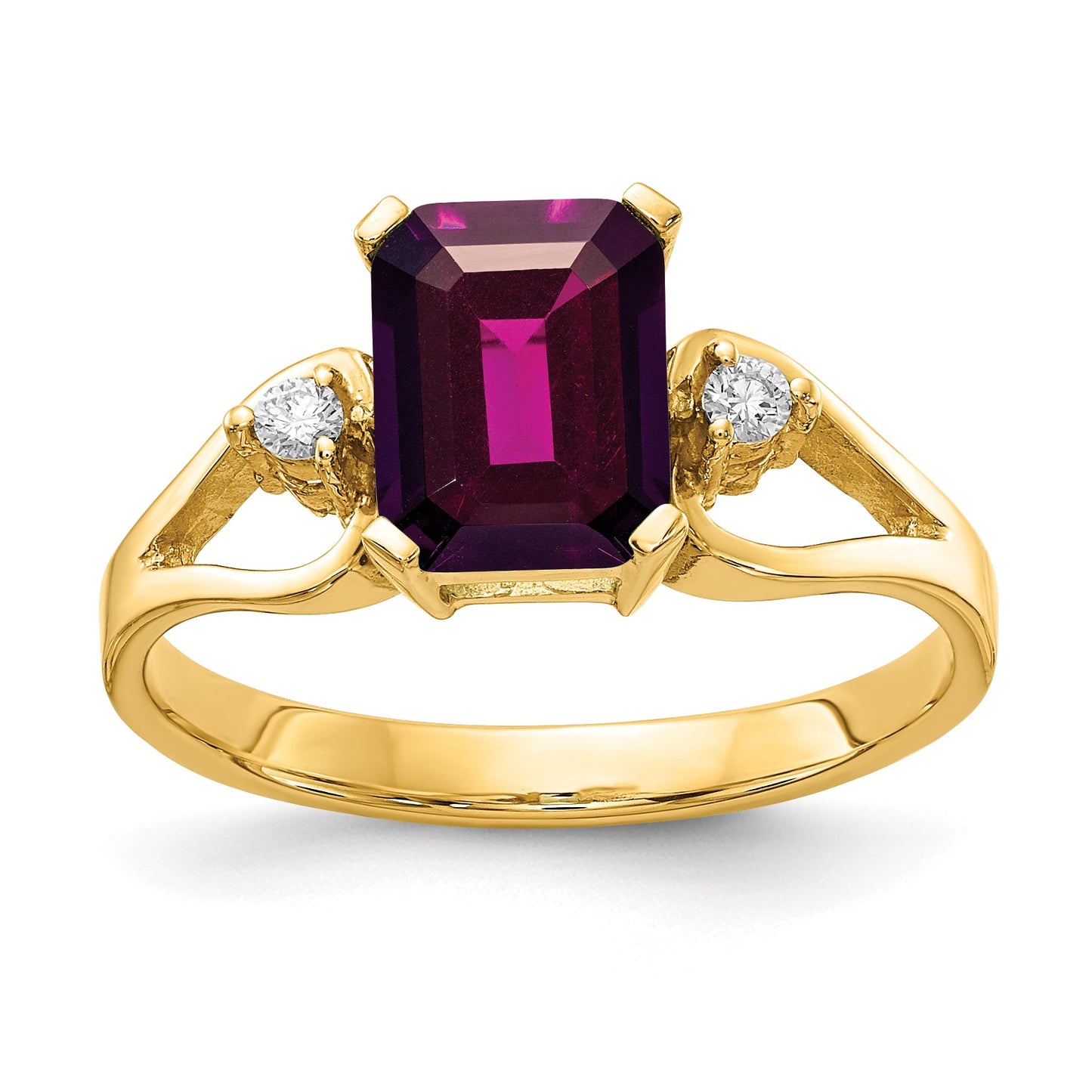 14k 8x6mm Emerald-cut Rhodolite Garnet and 1/20 carat AA Diamond Ring