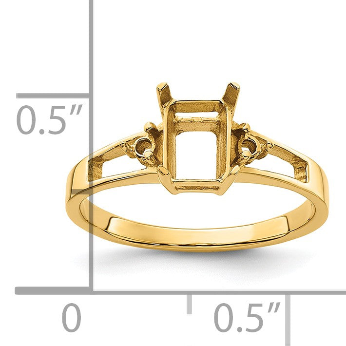 14k Holds 2-1.7mm Diamonds and 1-7x5mm Emerald-cut Gemstone Ring Mounting
