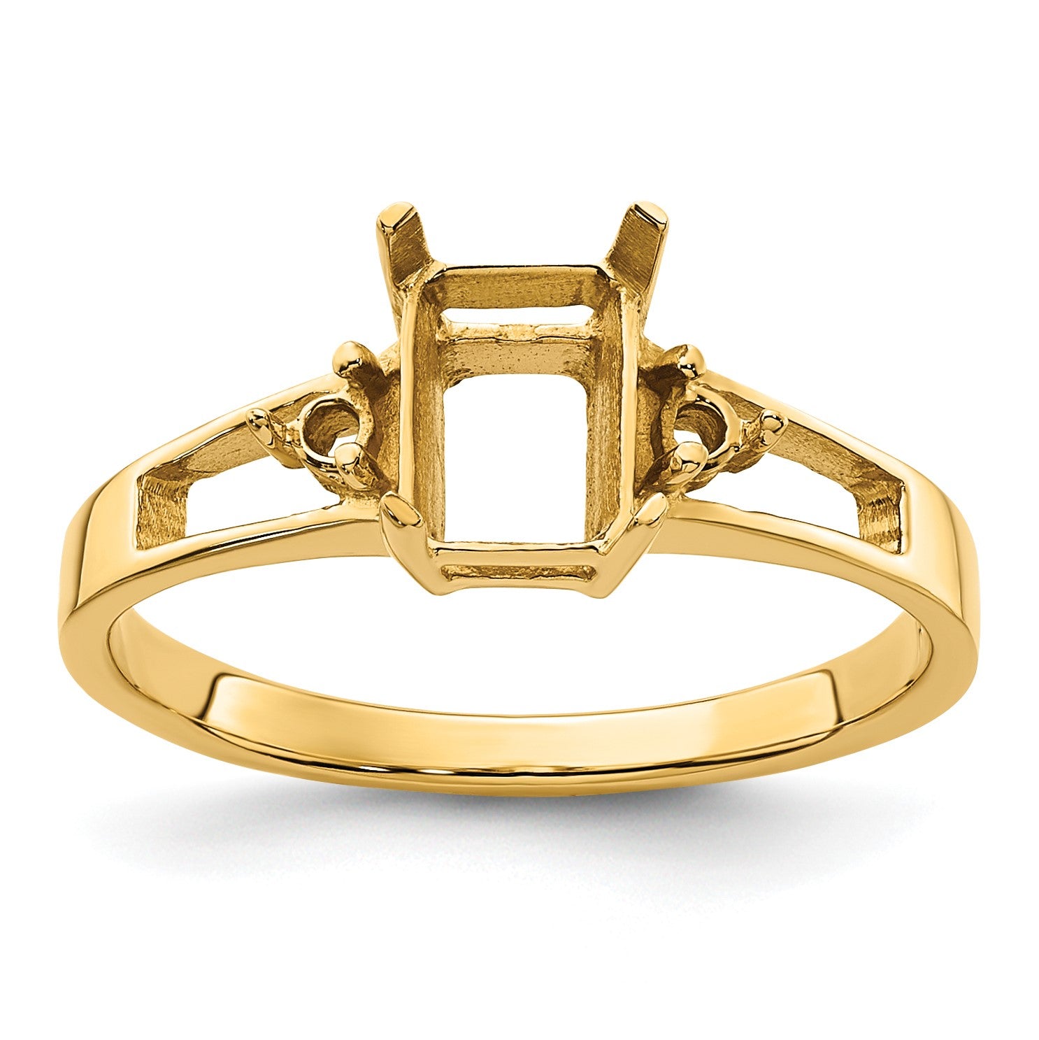 14k Holds 2-1.7mm Diamonds and 1-7x5mm Emerald-cut Gemstone Ring Mounting