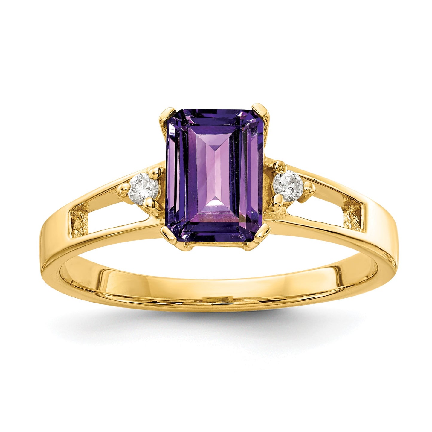 14k 7x5mm Emerald-cut Amethyst and 1/20 carat A Diamond Ring