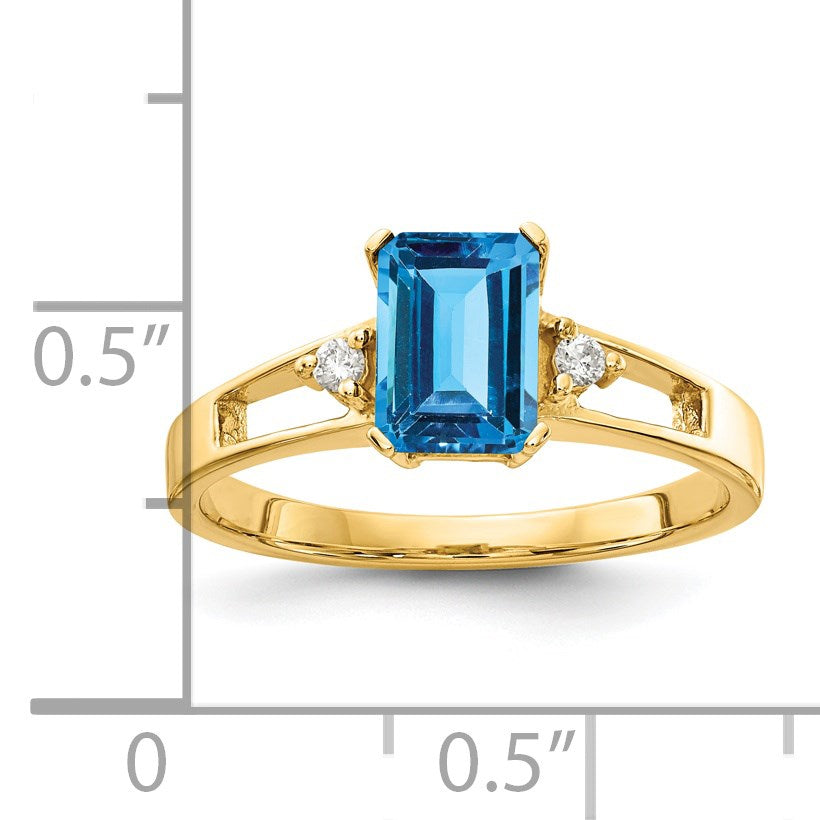 14k 7x5mm Emerald-cut Blue Topaz and 1/20 carat AA Diamond Ring