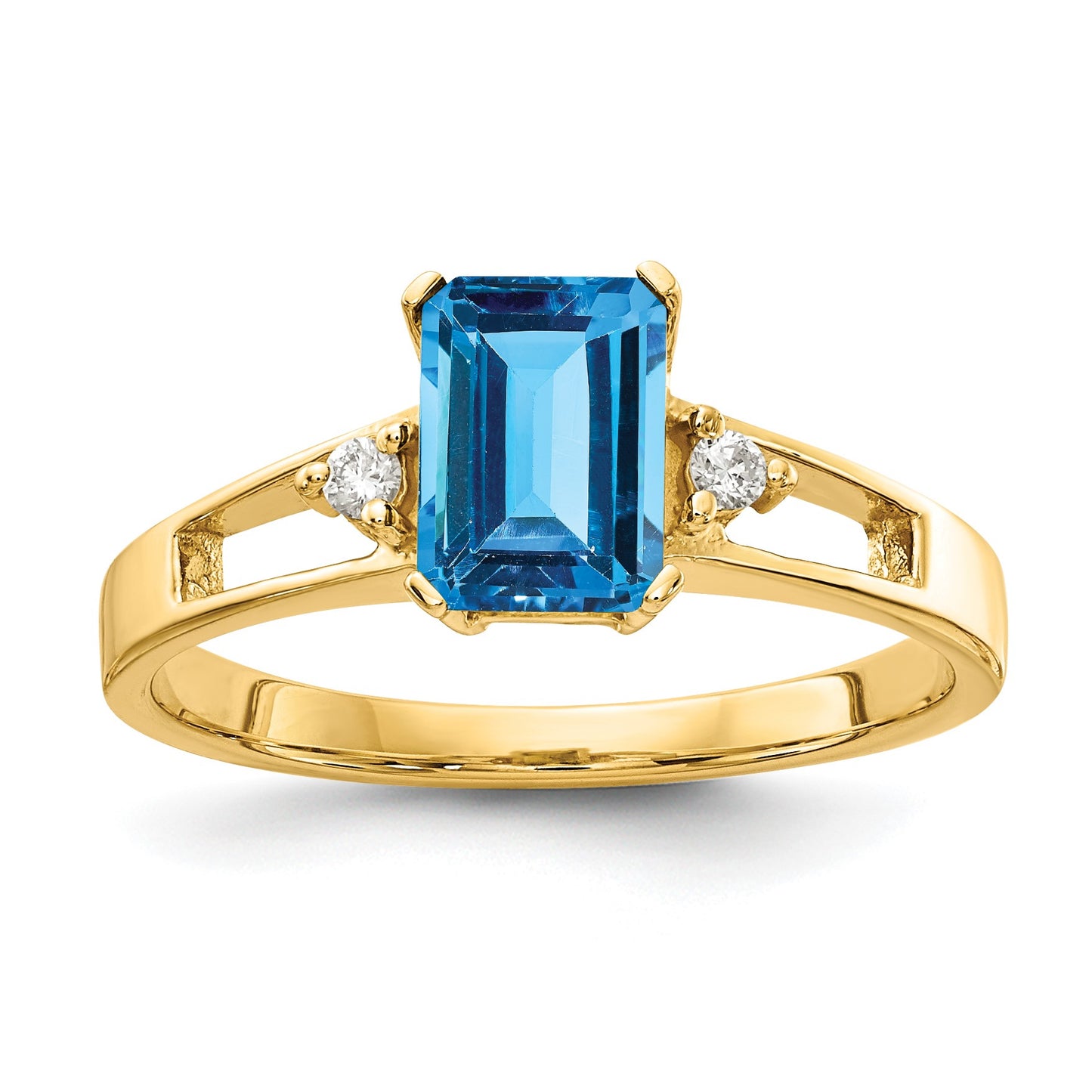14k 7x5mm Emerald-cut Blue Topaz and 1/20 carat AA Diamond Ring