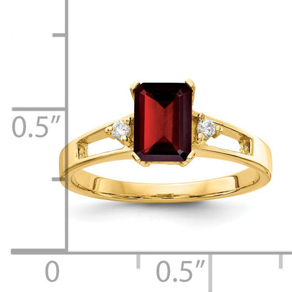 14k 7x5mm Emerald-cut Garnet and 1/20 carat AA Diamond Ring