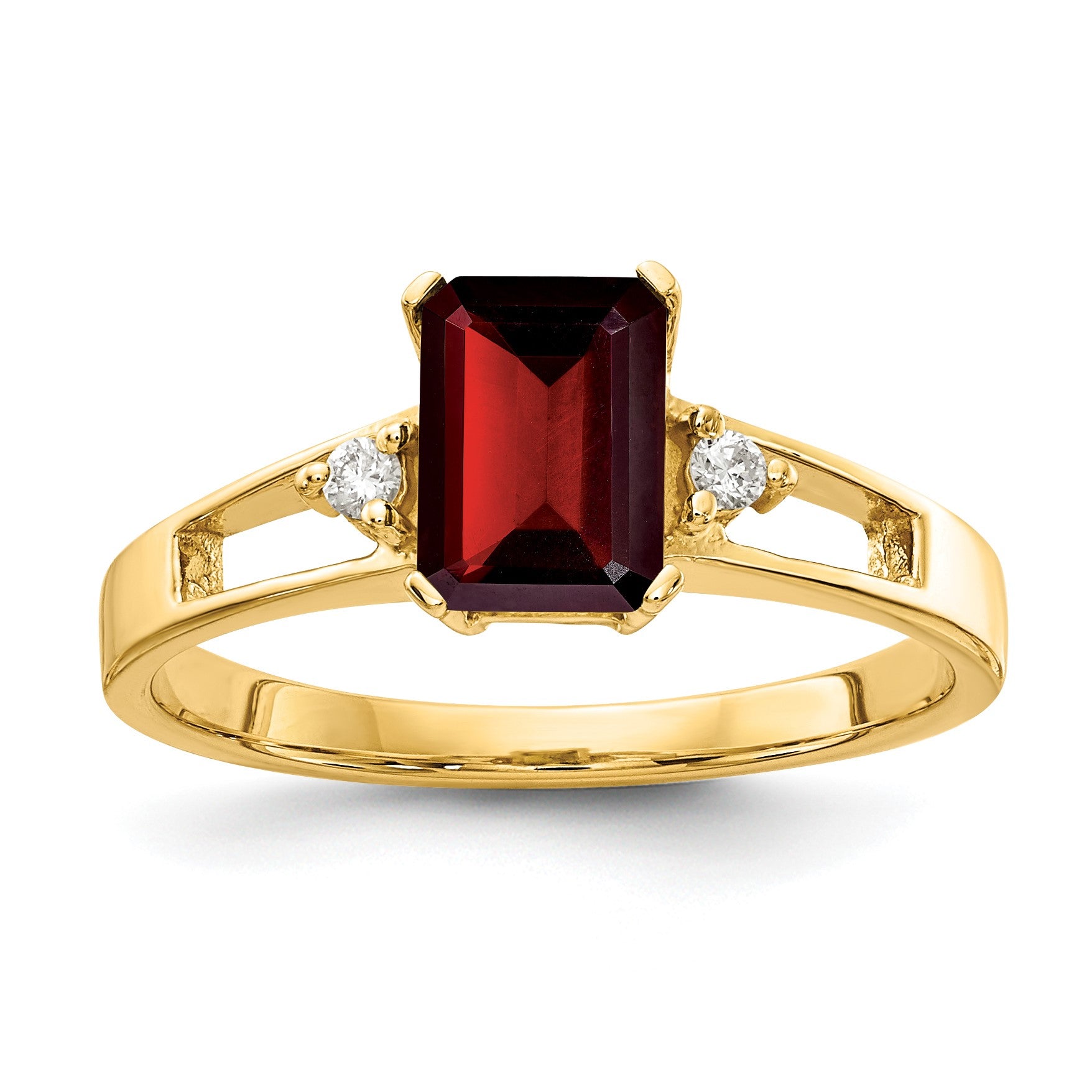 14k 7x5mm Emerald-cut Garnet and 1/20 carat AA Diamond Ring