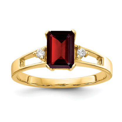 14k 7x5mm Emerald-cut Garnet and 1/20 carat AA Diamond Ring