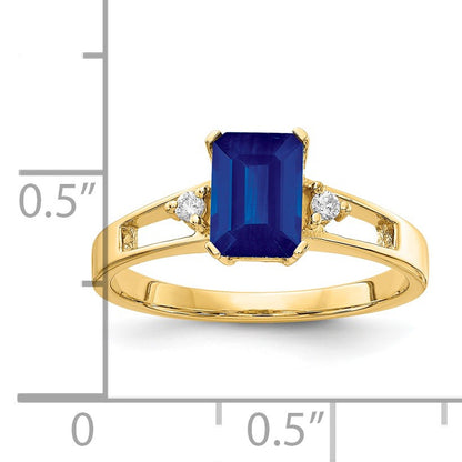 14k 7x5mm Emerald-cut Blue Sapphire and 1/20 carat AA Diamond Ring