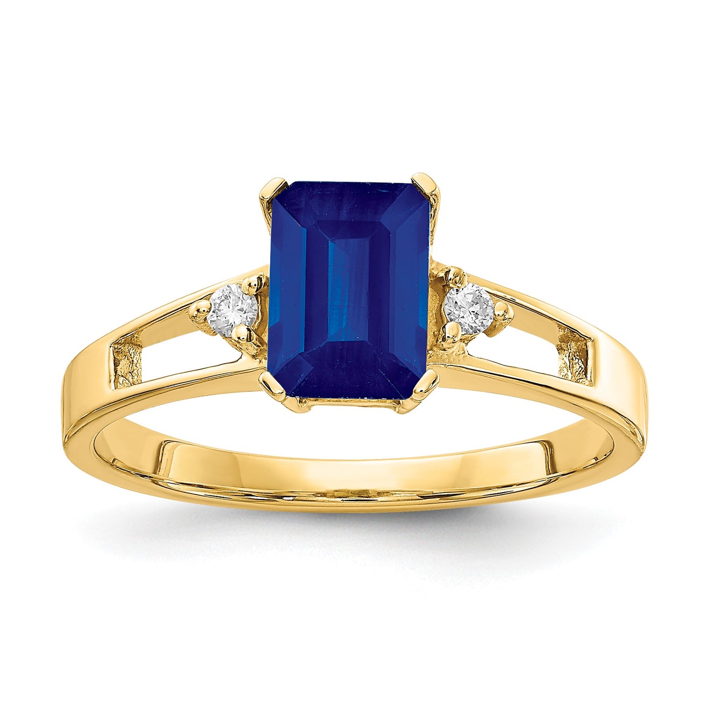 14k 7x5mm Emerald-cut Blue Sapphire and 1/20 carat AA Diamond Ring