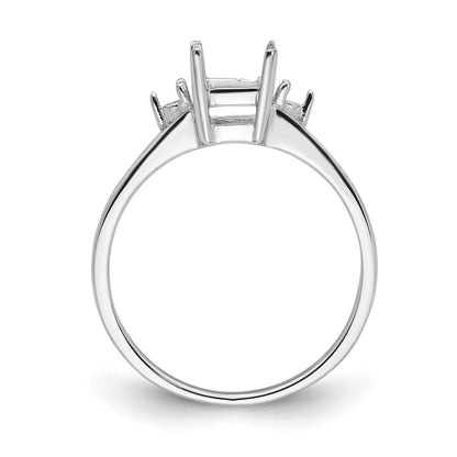 14k White Gold Holds 2-1.7mm Round and 1-7x5mm Emerald-cut Gemstone Ring Mounting