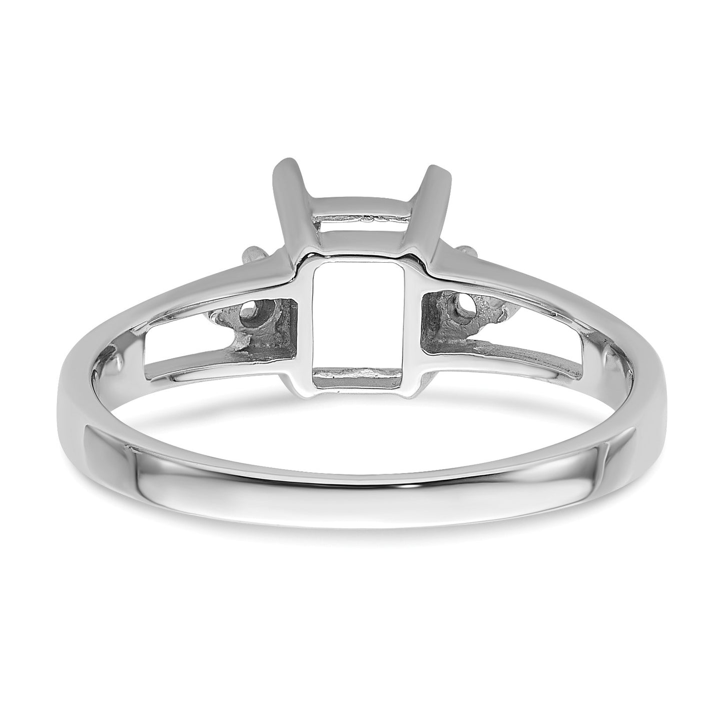 14k White Gold Holds 2-1.7mm Round and 1-7x5mm Emerald-cut Gemstone Ring Mounting