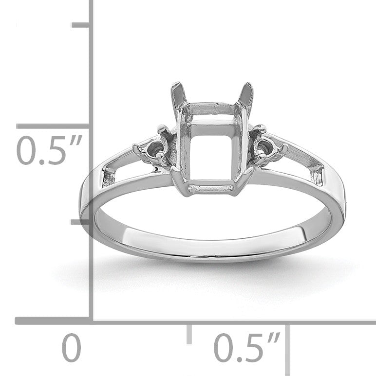 14k White Gold Holds 2-1.7mm Round and 1-7x5mm Emerald-cut Gemstone Ring Mounting