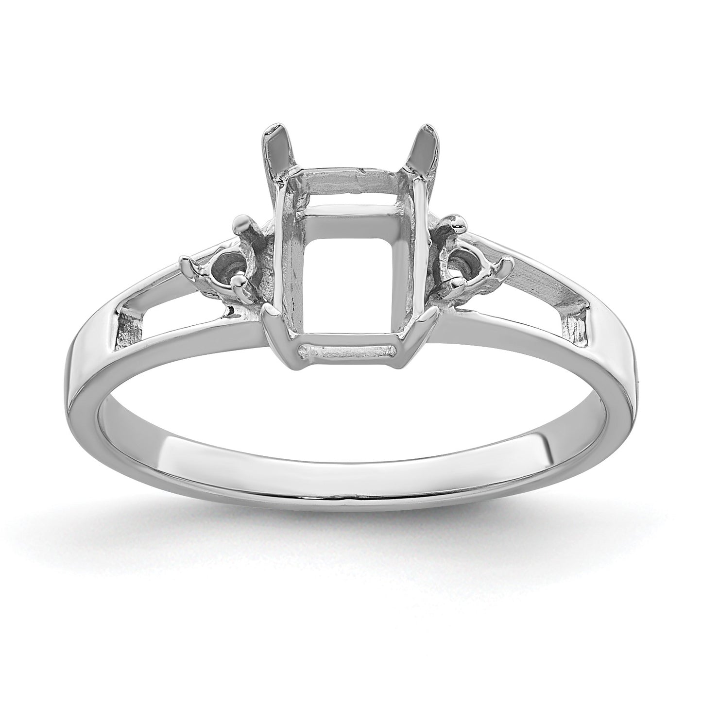 14k White Gold Holds 2-1.7mm Round and 1-7x5mm Emerald-cut Gemstone Ring Mounting