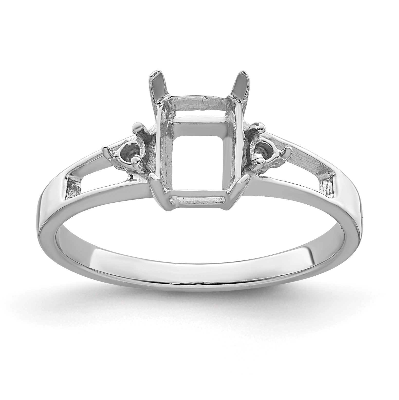 14k White Gold Holds 2-1.7mm Round and 1-7x5mm Emerald-cut Gemstone Ring Mounting