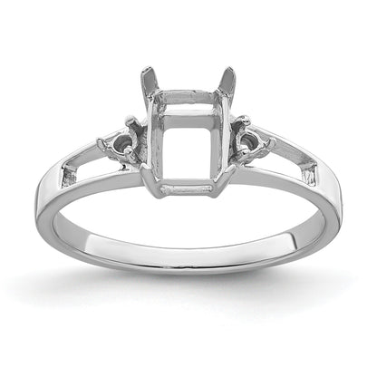 14k White Gold Holds 2-1.7mm Round and 1-7x5mm Emerald-cut Gemstone Ring Mounting
