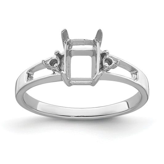 14k White Gold Holds 2-1.7mm Round and 1-7x5mm Emerald-cut Gemstone Ring Mounting