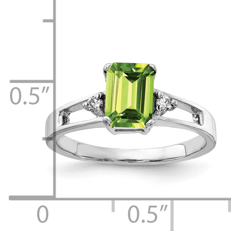 14k White Gold 7x5mm Emerald Cut Peridot and 1/20 carat AA Diamond Ring