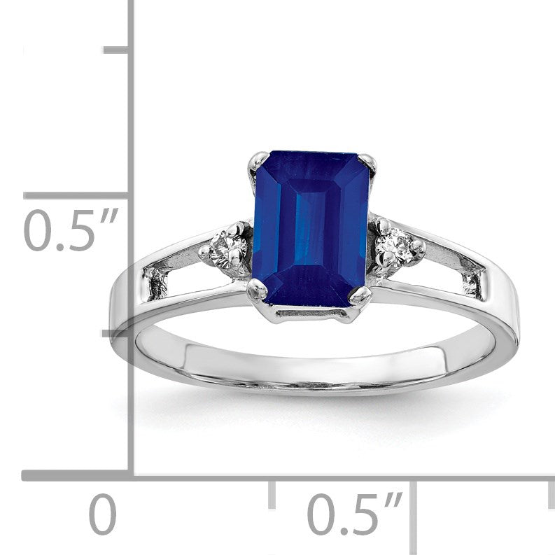 14k White Gold 7x5mm Emerald-cut Blue Sapphire and 1/20 carat AA Diamond Ring