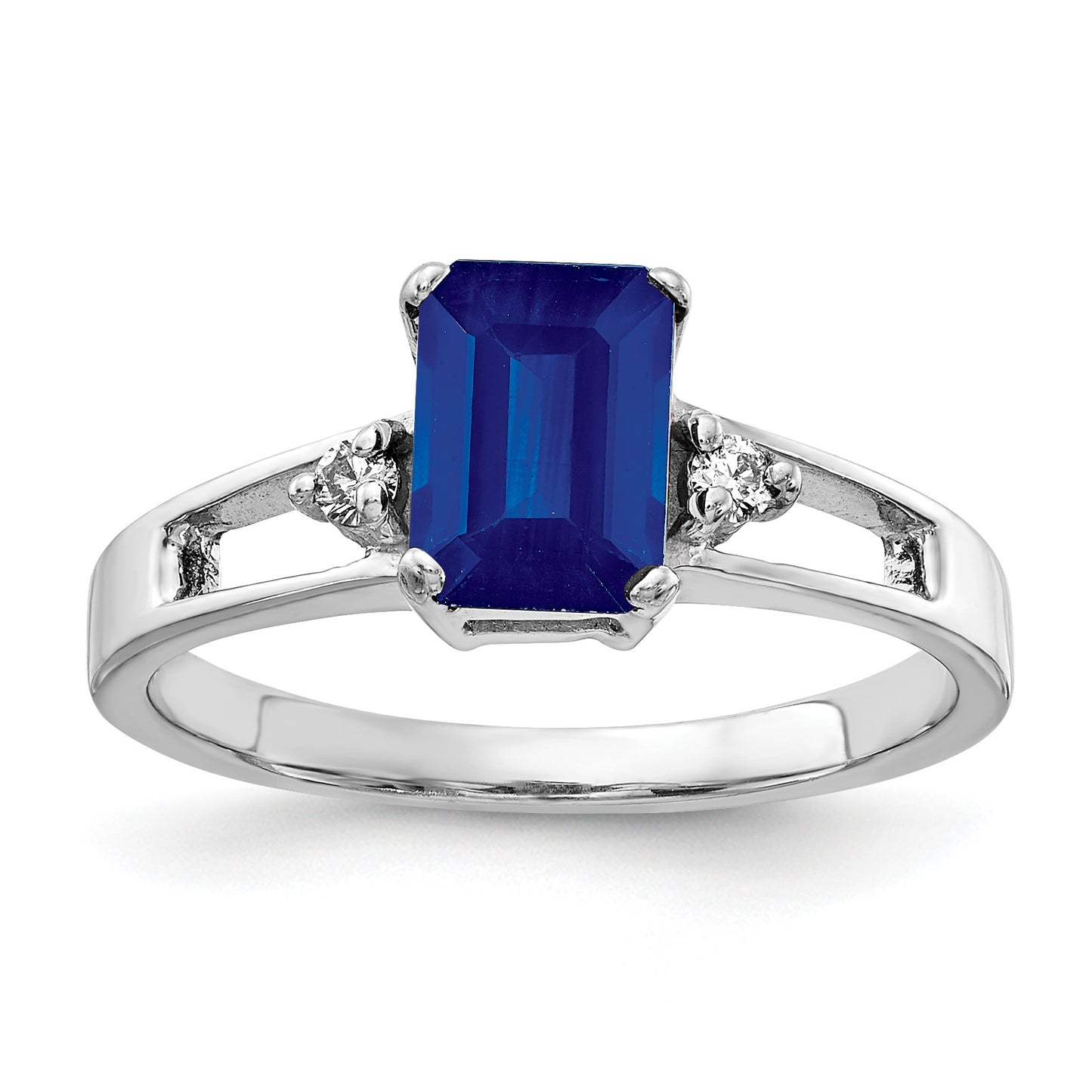 14k White Gold 7x5mm Emerald-cut Blue Sapphire and 1/20 carat AA Diamond Ring