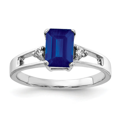 14k White Gold 7x5mm Emerald-cut Blue Sapphire and 1/20 carat AA Diamond Ring