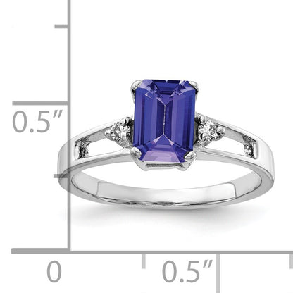 14k White Gold 7x5mm Emerald-cut Tanzanite and 1/20 carat AA Diamond Ring