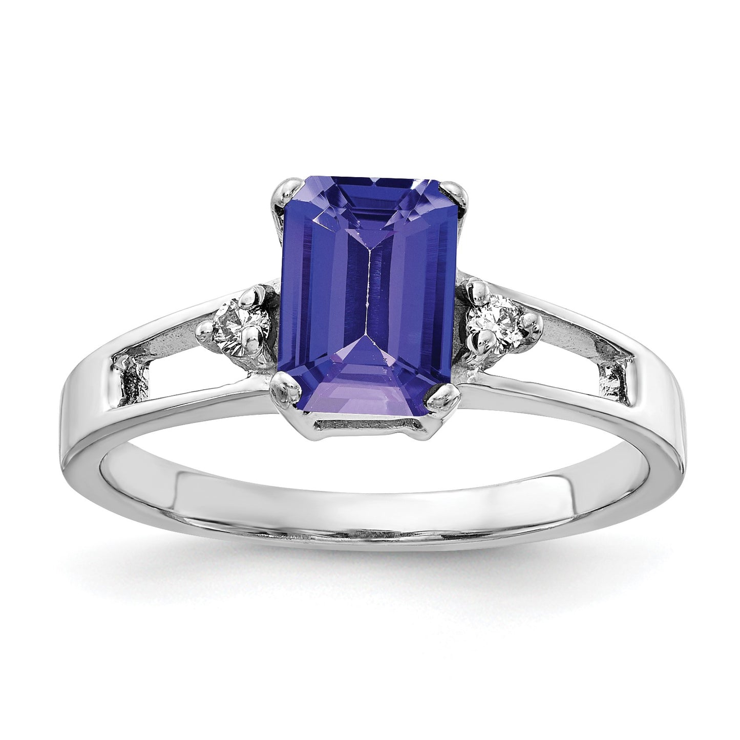 14k White Gold 7x5mm Emerald-cut Tanzanite and 1/20 carat AA Diamond Ring