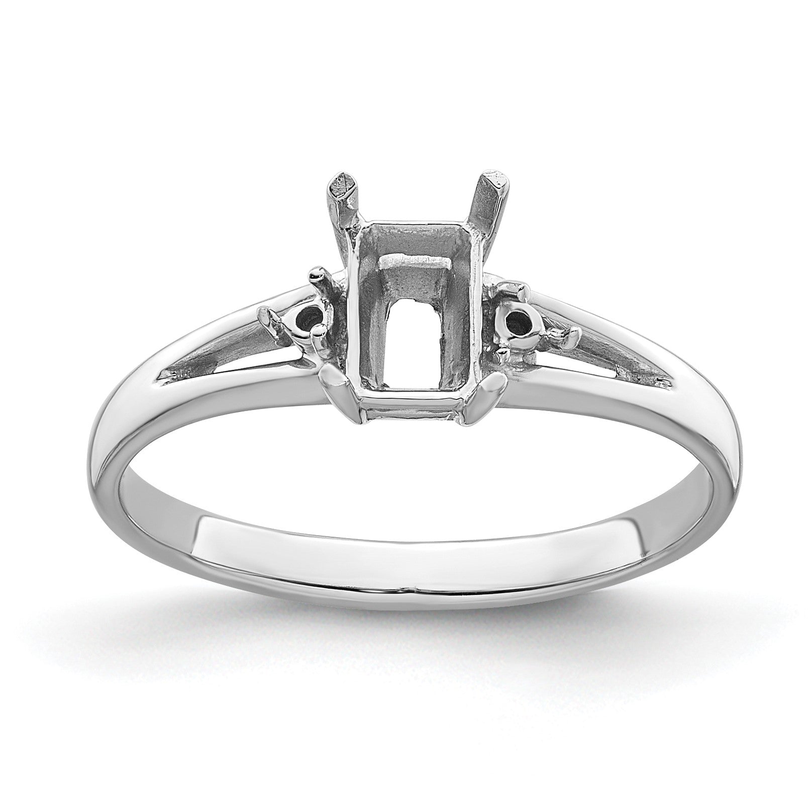14k White Gold Holds 2-1.4mm Round and 1-6x4mm Emerald-cut Gemstone Ring Mounting
