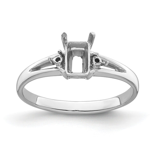 14k White Gold Holds 2-1.4mm Round and 1-6x4mm Emerald-cut Gemstone Ring Mounting