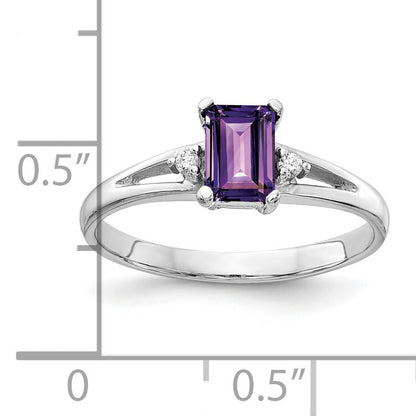 14k White Gold 6x4mm Emerald-cut Amethyst and AA Diamond Ring