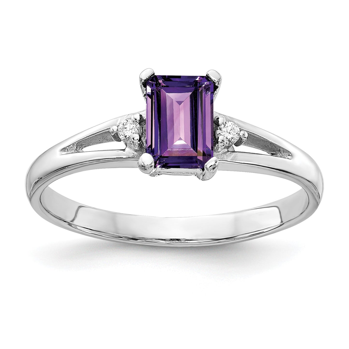 14k White Gold 6x4mm Emerald-cut Amethyst and AA Diamond Ring