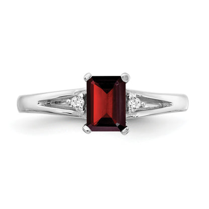 14k White Gold 6x4mm Emerald-cut Garnet and AA Diamond Ring