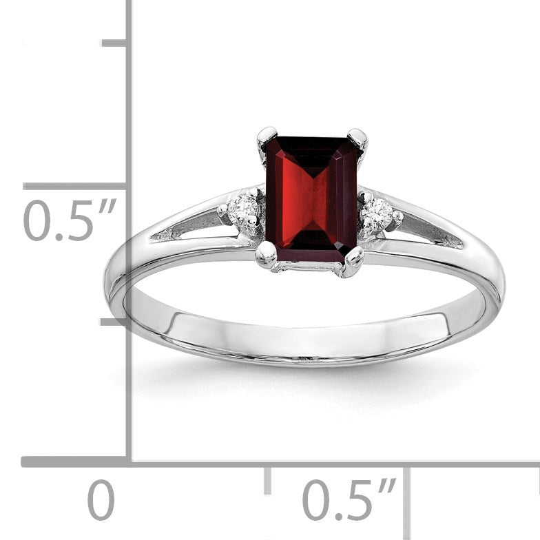 14k White Gold 6x4mm Emerald-cut Garnet and AA Diamond Ring