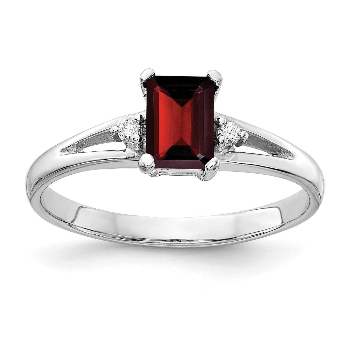 14k White Gold 6x4mm Emerald-cut Garnet and AA Diamond Ring