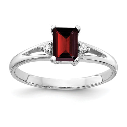 14k White Gold 6x4mm Emerald-cut Garnet and AA Diamond Ring