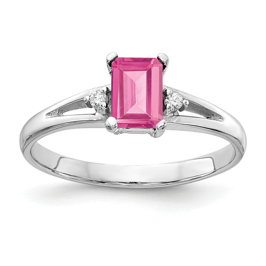 14k White Gold 6x4mm Emerald-Cut Pink Tourmaline and AA Diamond Ring