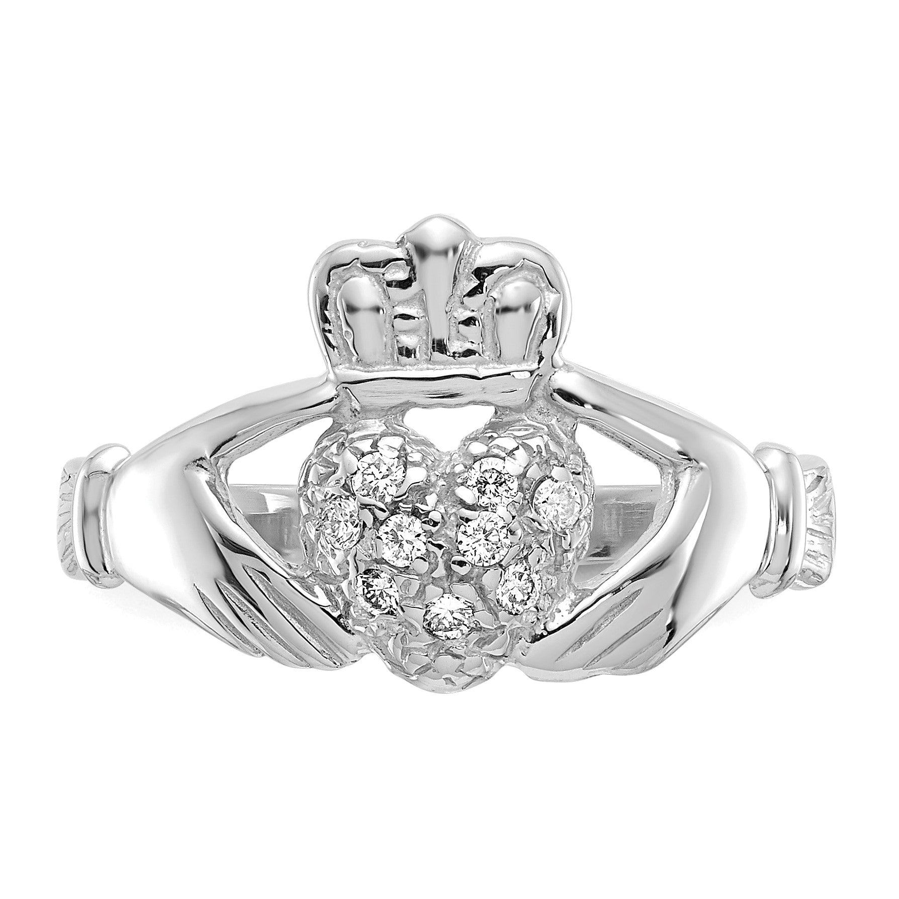 14k White Gold 1/10 carat AA Diamond Claddagh Ring